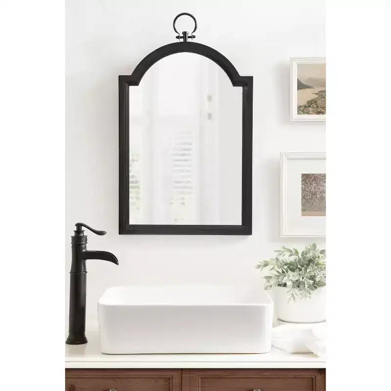 18"x30" Arched Wall Mirror Black, Traditional Farmhouse Style with Stepped Frame, Wall Mounted