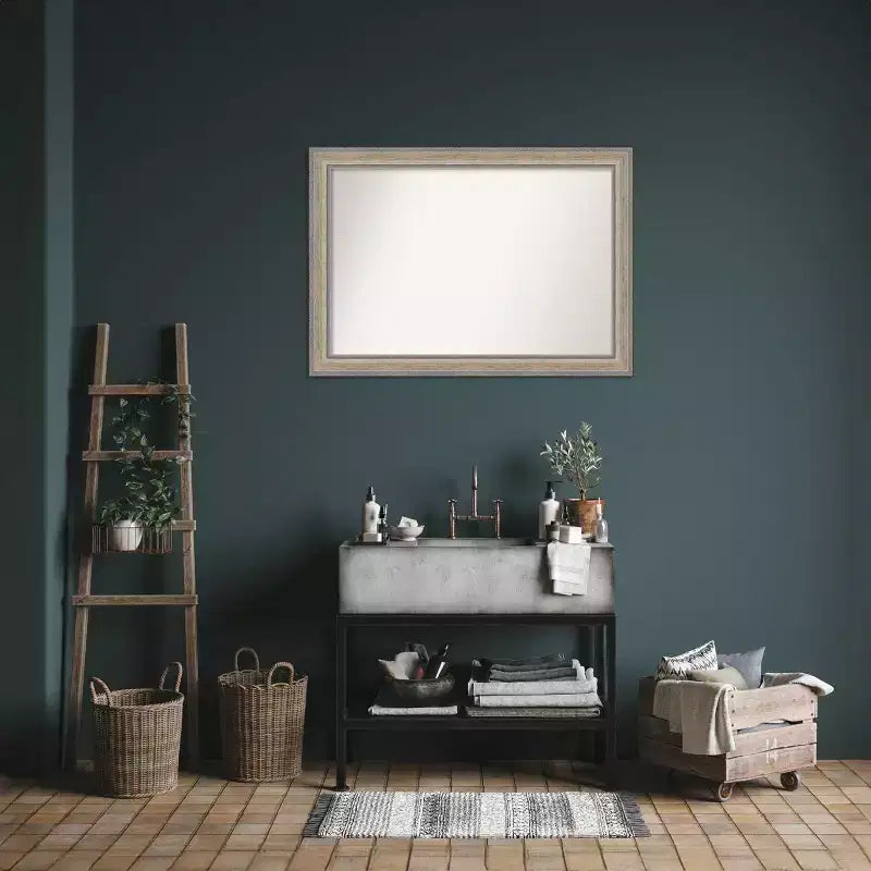 41"x29" Non-Beveled Wood Bathroom Wall Mirror, Fleur Champagne Silver Frame, Wall Mounted
