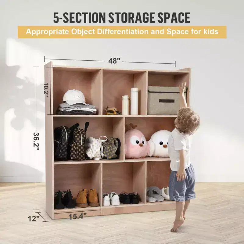 Kids 8-Cubby Storage Cabinet with 4 Casters, 2 Storage Boxes and 5 Hooks, Plywood, 48x12x36.2"