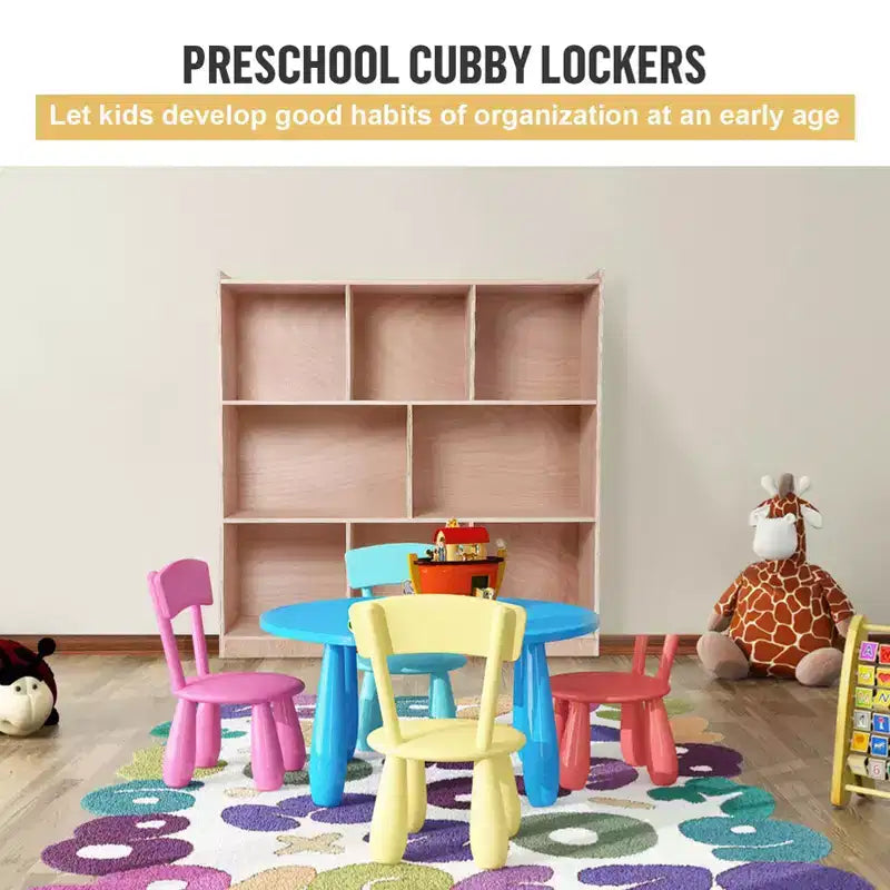 Kids 8-Cubby Storage Cabinet with 4 Casters, 2 Storage Boxes and 5 Hooks, Plywood, 48x12x36.2"