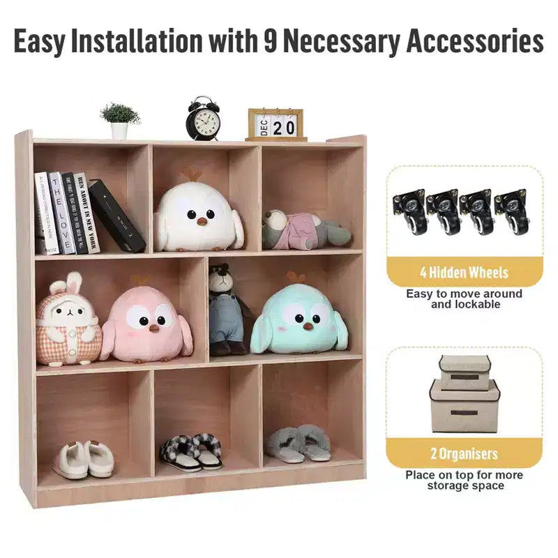 Kids 8-Cubby Storage Cabinet with 4 Casters, 2 Storage Boxes and 5 Hooks, Plywood, 48x12x36.2"