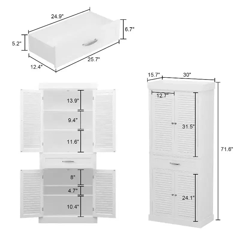 Tall Wooden Storage Cabinet with 4 Shutter Doors, 6 Shelves and 1 Drawer, 71.6" Height