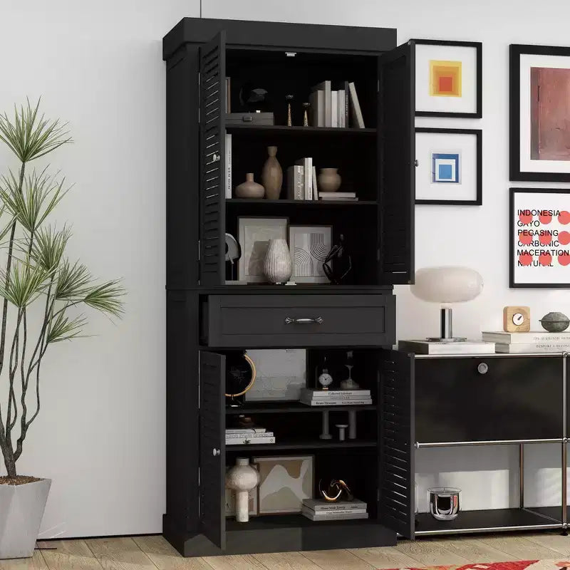Tall Wooden Storage Cabinet with 4 Shutter Doors, 6 Shelves and 1 Drawer, 71.6" Height