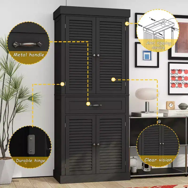 Tall Wooden Storage Cabinet with 4 Shutter Doors, 6 Shelves and 1 Drawer, 71.6" Height