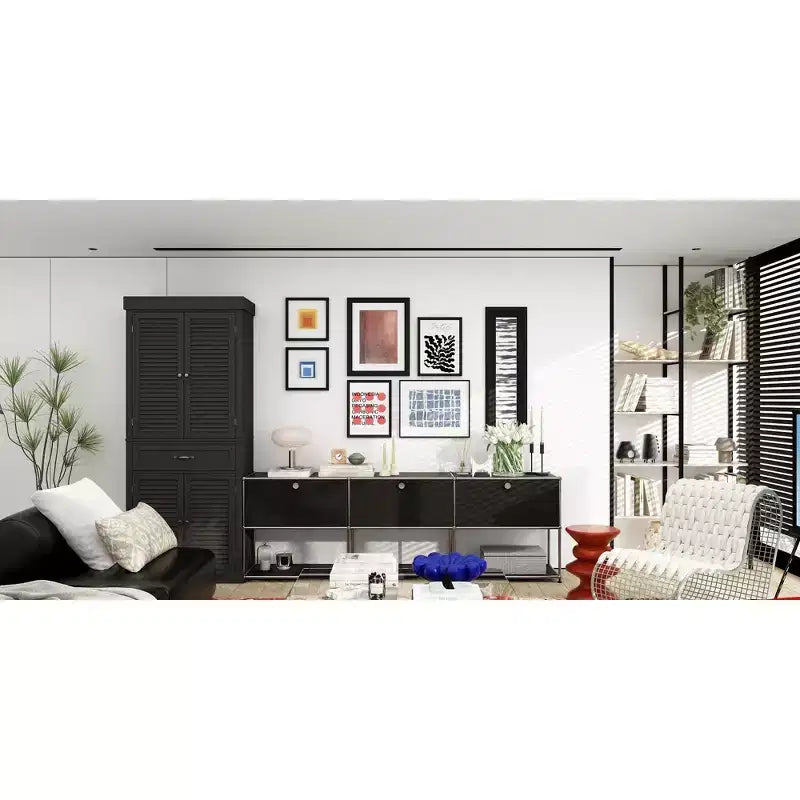 Tall Wooden Storage Cabinet with 4 Shutter Doors, 6 Shelves and 1 Drawer, 71.6" Height