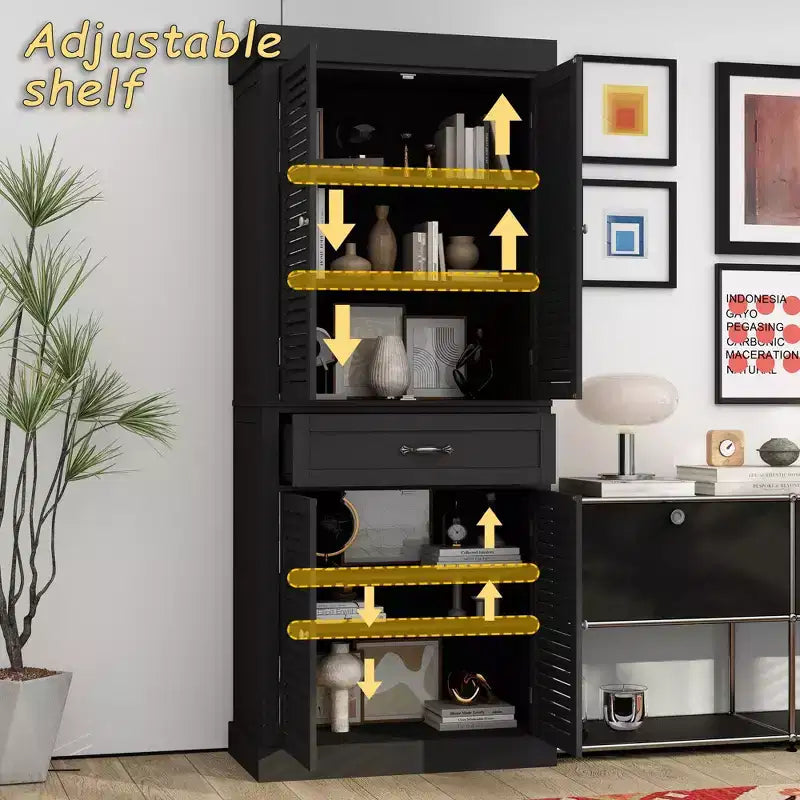 Tall Wooden Storage Cabinet with 4 Shutter Doors, 6 Shelves and 1 Drawer, 71.6" Height