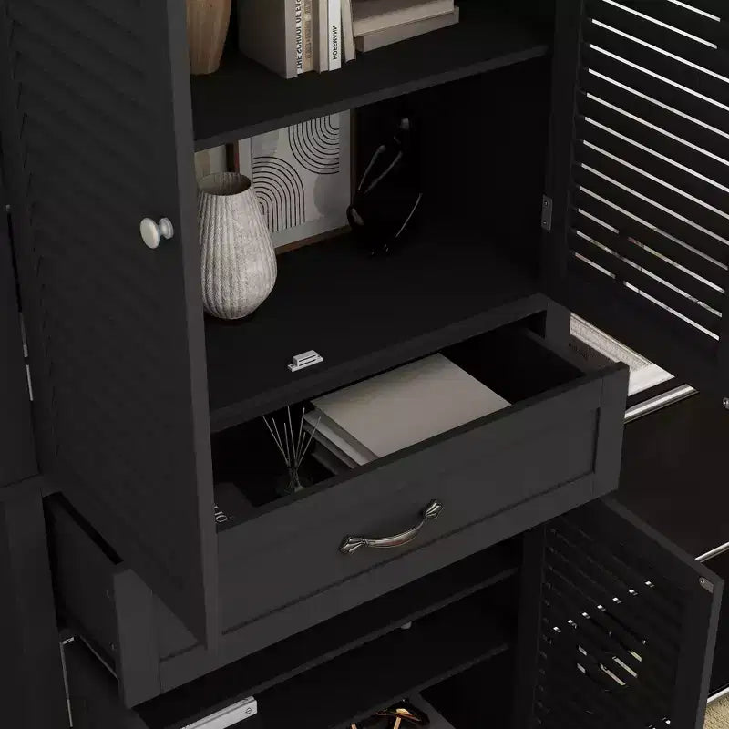 Tall Wooden Storage Cabinet with 4 Shutter Doors, 6 Shelves and 1 Drawer, 71.6" Height