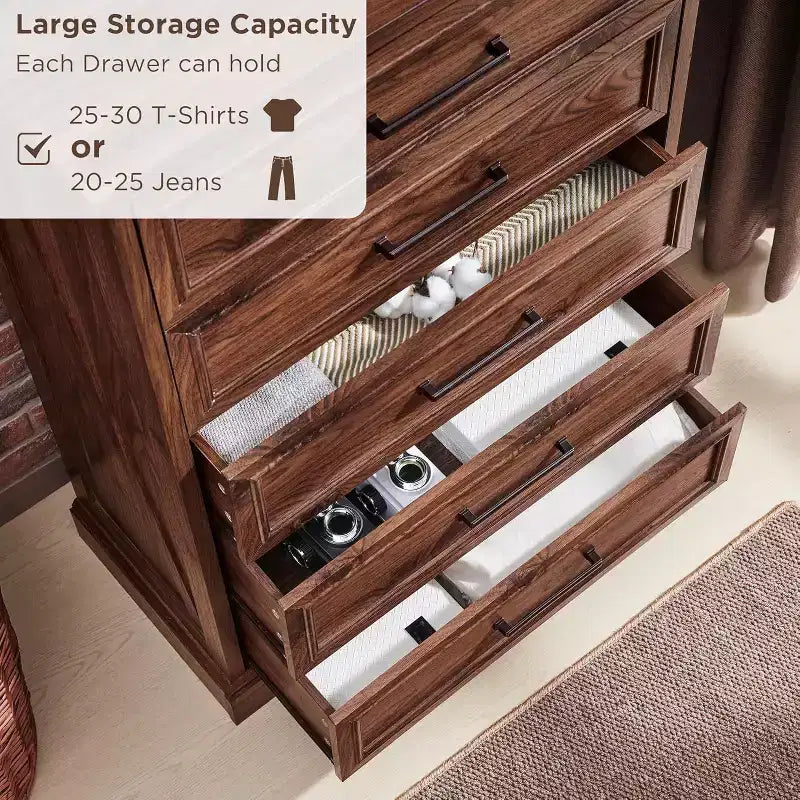46 Farmhouse 5 Drawers Dresser for Bedroom, Tall Wood Chest of Drawers with Natural Texture for Bedroom, Living Room