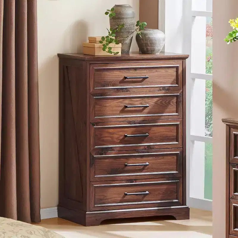 46 Farmhouse 5 Drawers Dresser for Bedroom, Tall Wood Chest of Drawers with Natural Texture for Bedroom, Living Room