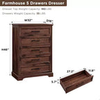 46 Farmhouse 5 Drawers Dresser for Bedroom, Tall Wood Chest of Drawers with Natural Texture for Bedroom, Living Room