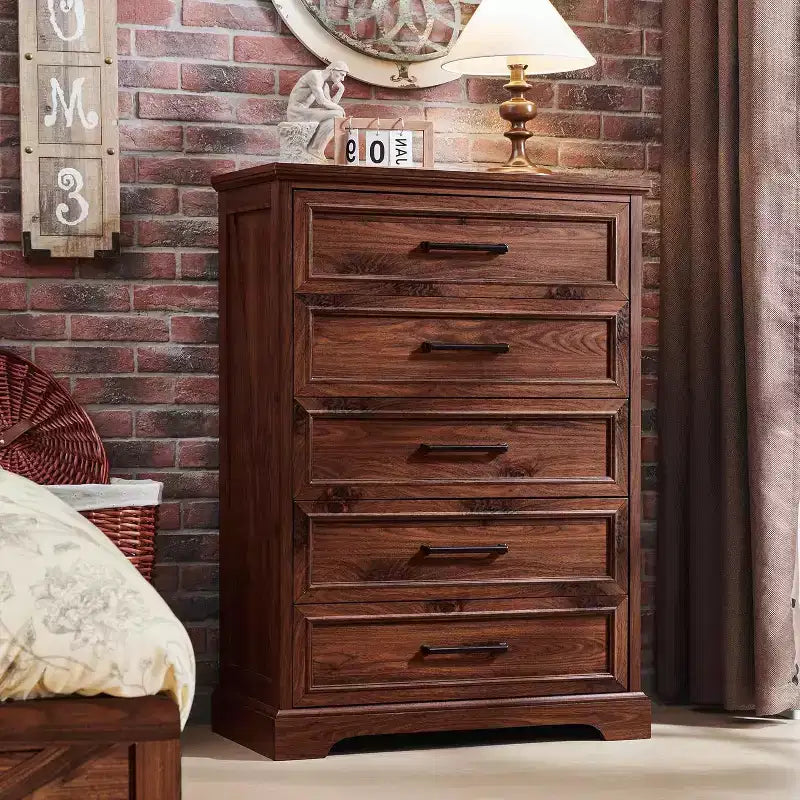 46 Farmhouse 5 Drawers Dresser for Bedroom, Tall Wood Chest of Drawers with Natural Texture for Bedroom, Living Room