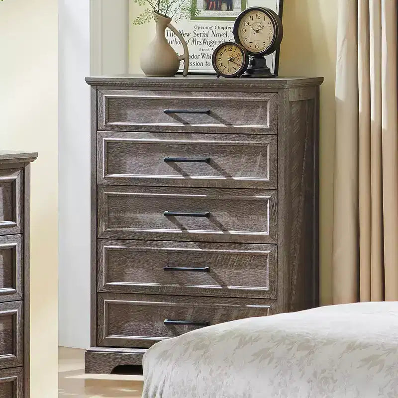 46 Farmhouse 5 Drawers Dresser for Bedroom, Tall Wood Chest of Drawers with Natural Texture for Bedroom, Living Room