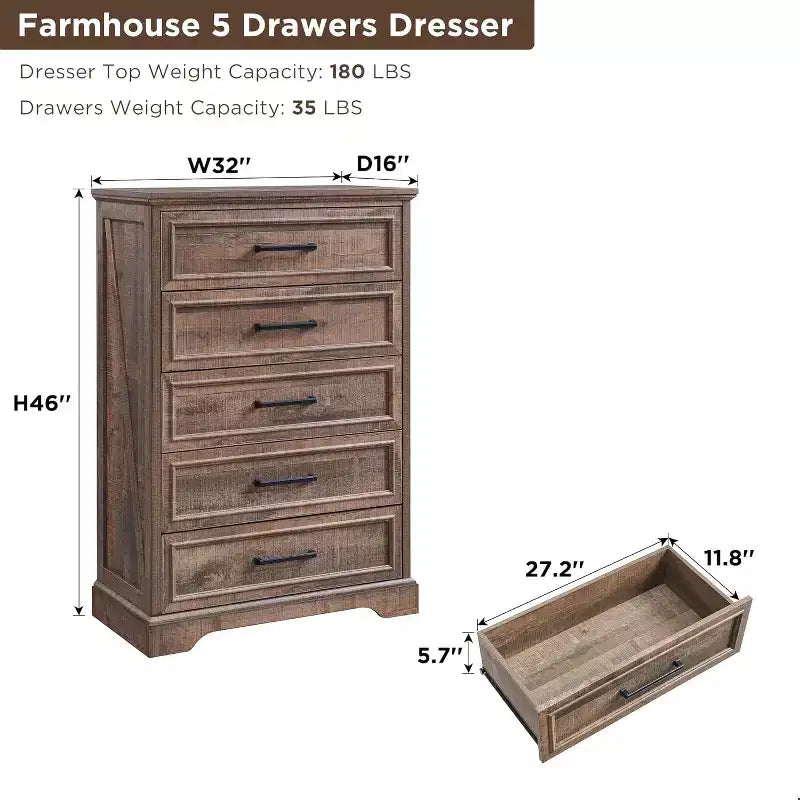 46 Farmhouse 5 Drawers Dresser for Bedroom, Tall Wood Chest of Drawers with Natural Texture for Bedroom, Living Room