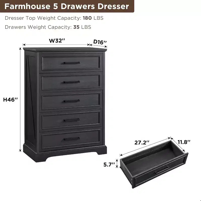 46 Farmhouse 5 Drawers Dresser for Bedroom, Tall Wood Chest of Drawers with Natural Texture for Bedroom, Living Room