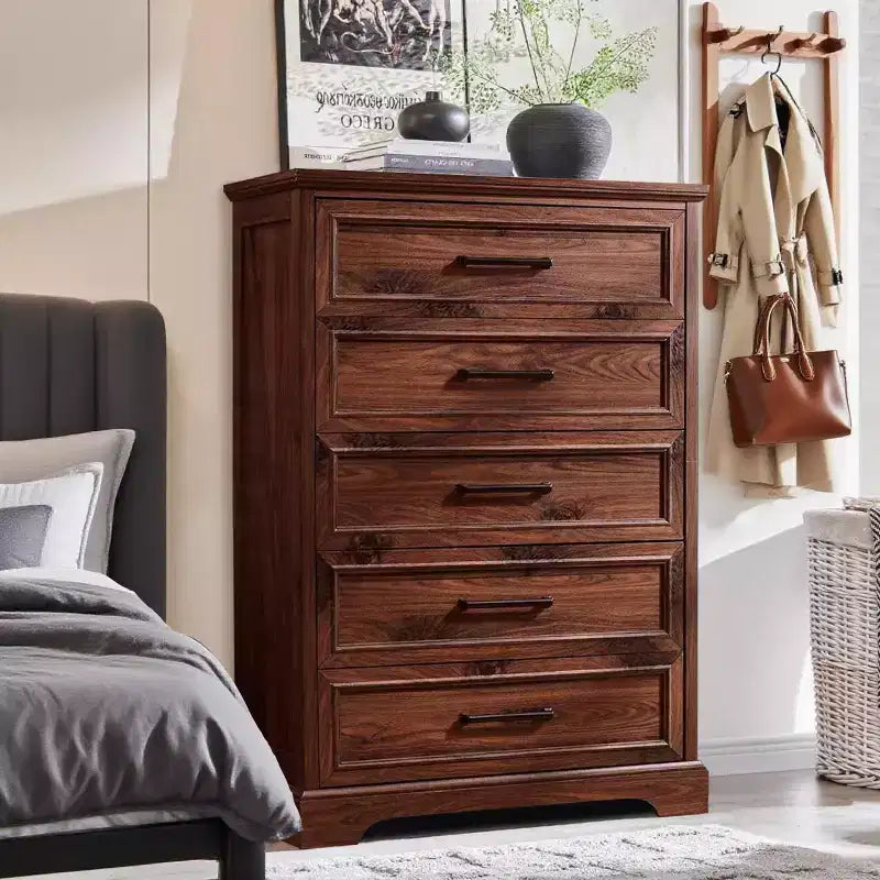 46 Farmhouse 5 Drawers Dresser for Bedroom, Tall Wood Chest of Drawers with Natural Texture for Bedroom, Living Room
