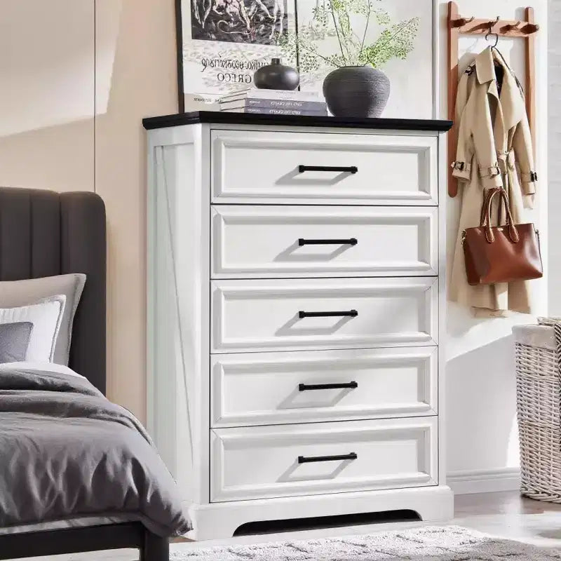 46 Farmhouse 5 Drawers Dresser for Bedroom, Tall Wood Chest of Drawers with Natural Texture for Bedroom, Living Room