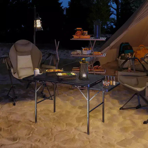 Table de barbecue pliante de 1,37 m, table de camping portable avec 2 panneaux latéraux et hauteur réglable, en métal, noire