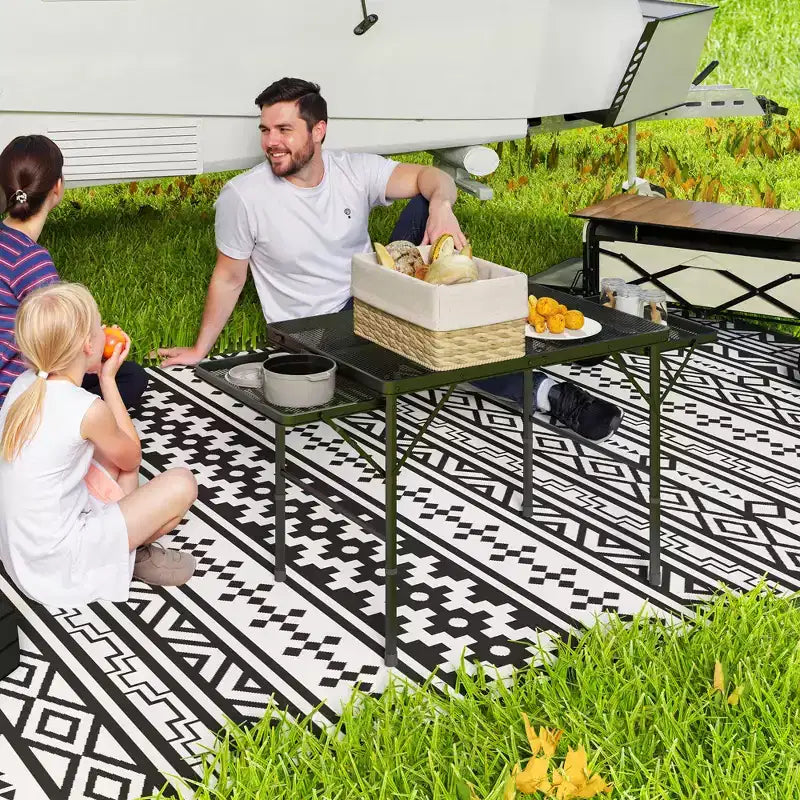 4.5ft Folding Grill Table, Portable Camping Table with 2 Wing Panels and Adjustable Height, Metal, Black