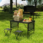 4.5ft Folding Grill Table, Portable Camping Table with 2 Wing Panels and Adjustable Height, Metal, Black