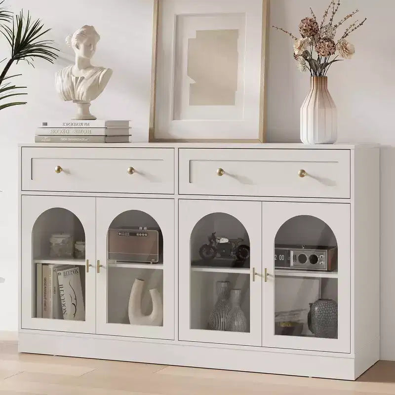 Sideboard, Sideboard with Adjustable Shelves & 4 Doors, Kitchen Storage Sideboards with 2 Drawers, Wood Coffee Bar Table, White