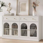 Sideboard, Sideboard with Adjustable Shelves & 4 Doors, Kitchen Storage Sideboards with 2 Drawers, Wood Coffee Bar Table, White