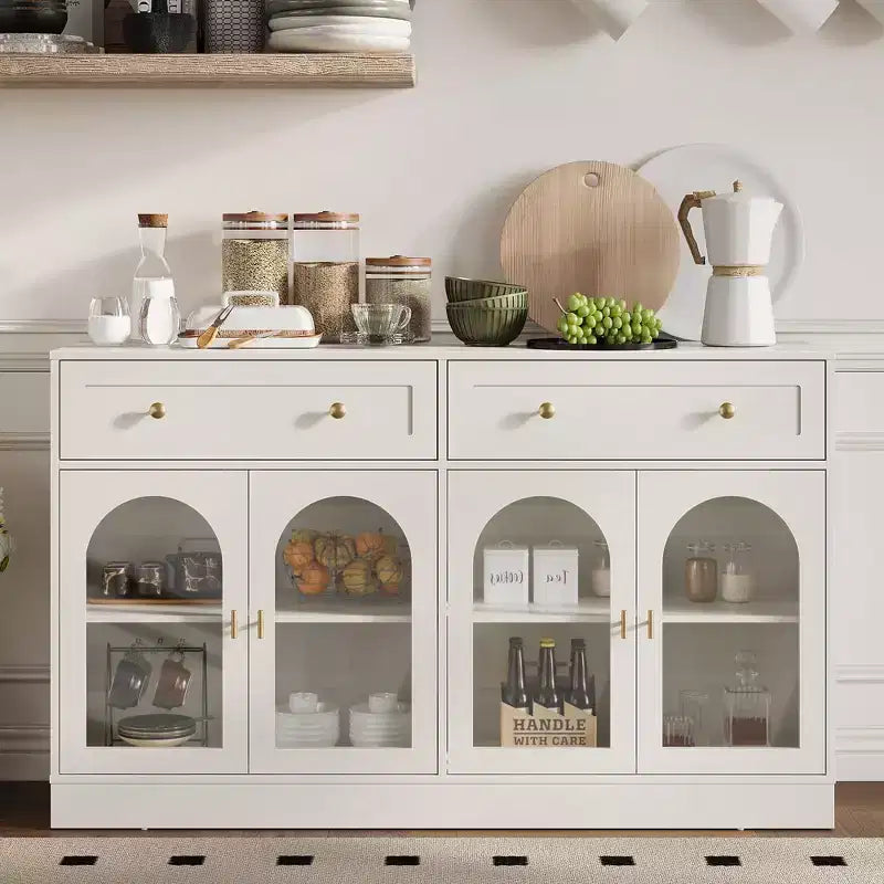 Sideboard, Sideboard with Adjustable Shelves & 4 Doors, Kitchen Storage Sideboards with 2 Drawers, Wood Coffee Bar Table, White