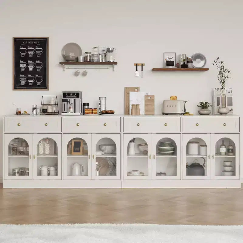 Sideboard, Sideboard with Adjustable Shelves & 4 Doors, Kitchen Storage Sideboards with 2 Drawers, Wood Coffee Bar Table, White