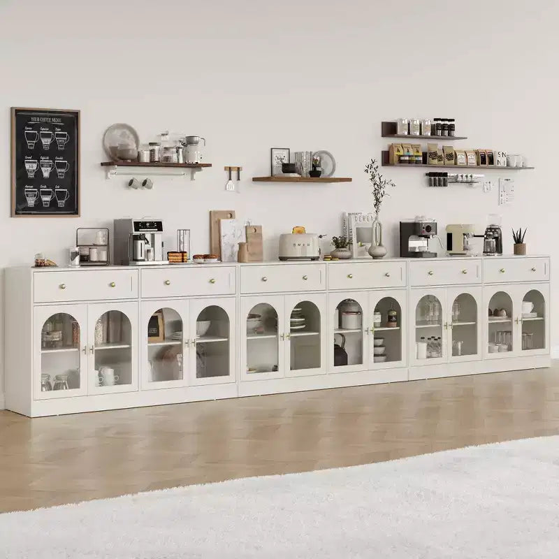 Sideboard, Sideboard with Adjustable Shelves & 4 Doors, Kitchen Storage Sideboards with 2 Drawers, Wood Coffee Bar Table, White