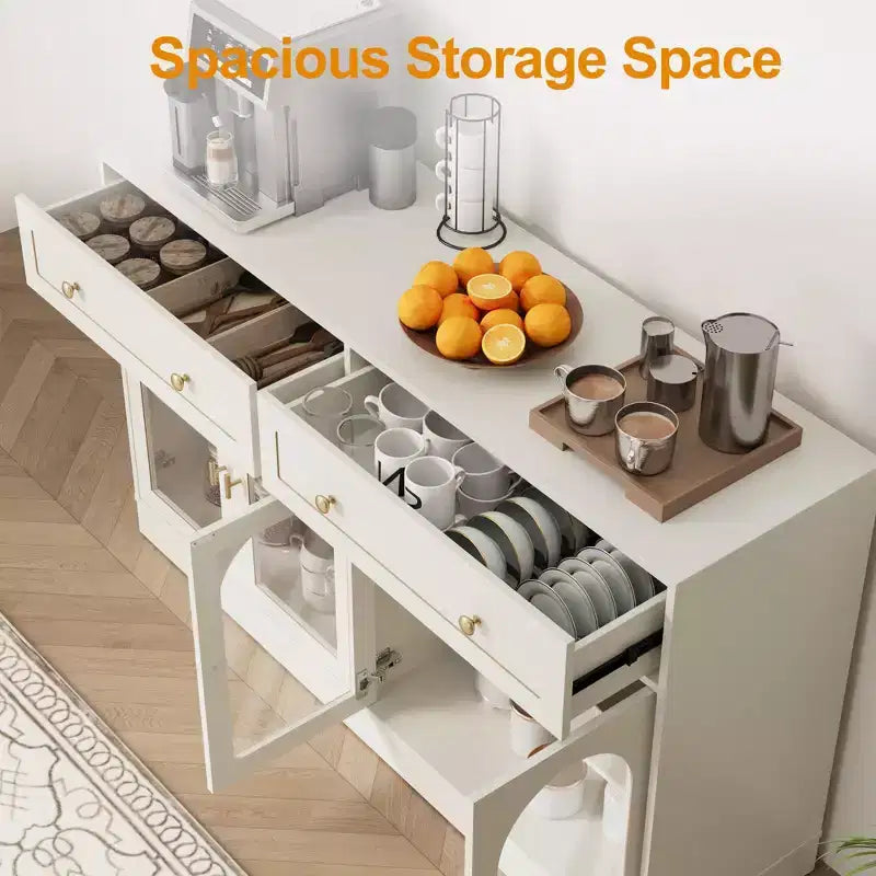 Sideboard, Sideboard with Adjustable Shelves & 4 Doors, Kitchen Storage Sideboards with 2 Drawers, Wood Coffee Bar Table, White