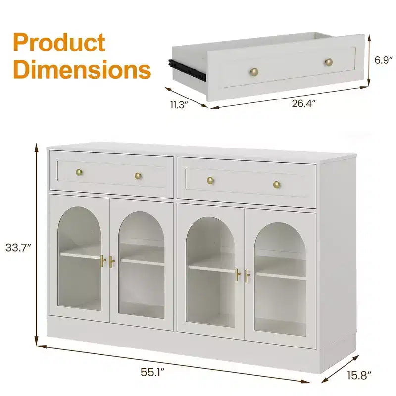 Sideboard, Sideboard with Adjustable Shelves & 4 Doors, Kitchen Storage Sideboards with 2 Drawers, Wood Coffee Bar Table, White