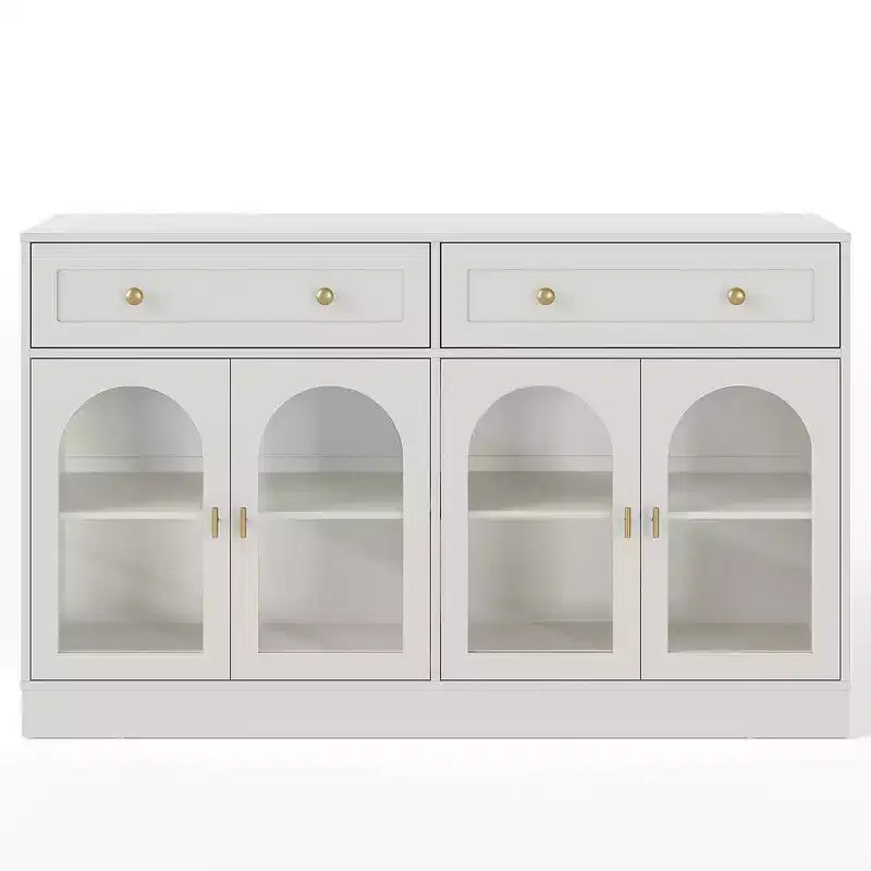 Sideboard, Sideboard with Adjustable Shelves & 4 Doors, Kitchen Storage Sideboards with 2 Drawers, Wood Coffee Bar Table, White