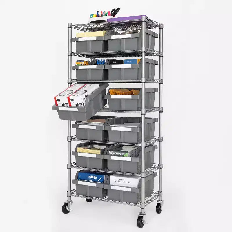 7-Tier NSF-Certified 22-Bin Rack Storage System, Steel Wire with Mobile Wheels and Leveling Feet