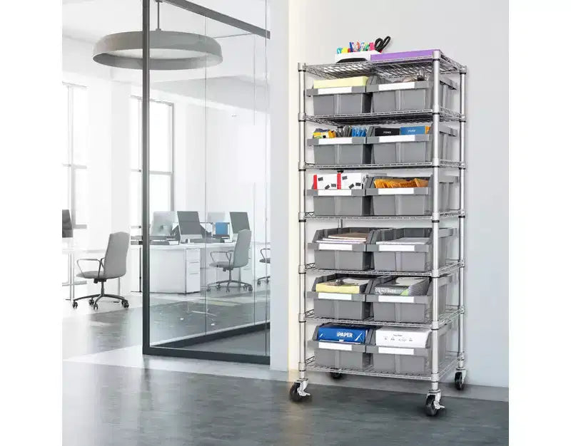 7-Tier NSF-Certified 22-Bin Rack Storage System, Steel Wire with Mobile Wheels and Leveling Feet
