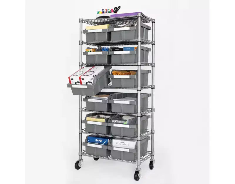 7-Tier NSF-Certified 22-Bin Rack Storage System, Steel Wire with Mobile Wheels and Leveling Feet