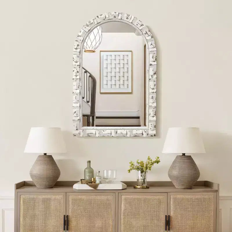 36" Distressed White Arched Rectangle Wall Mirror, Vintage Style MDF Frame, Accent and Vanity