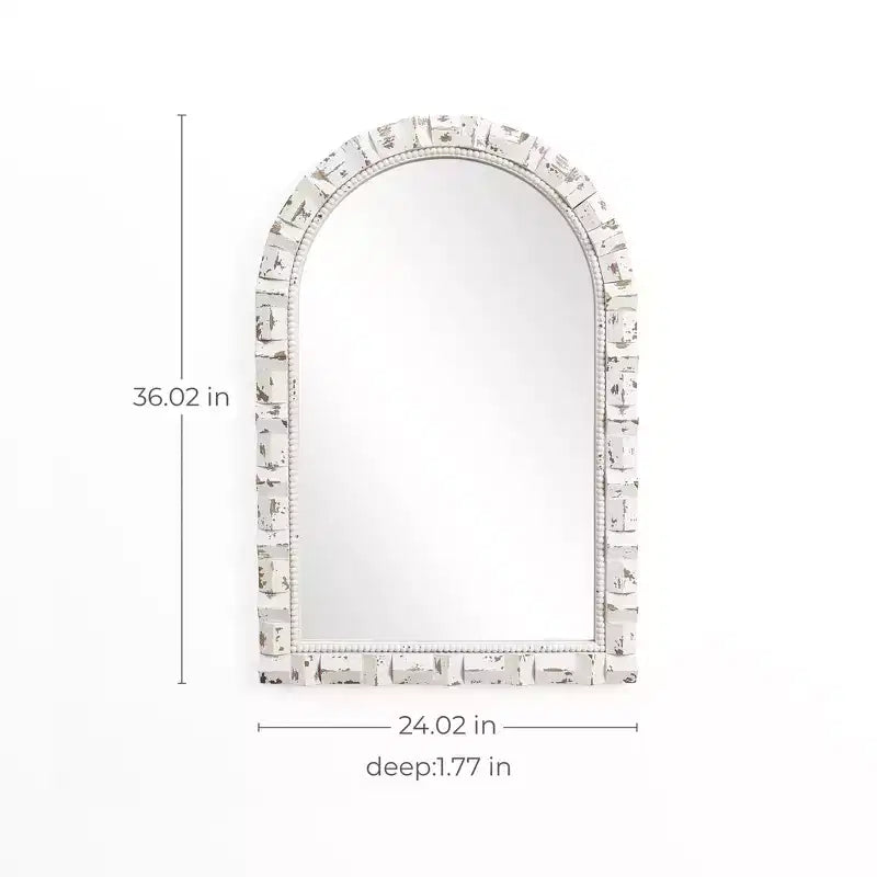 36" Distressed White Arched Rectangle Wall Mirror, Vintage Style MDF Frame, Accent and Vanity