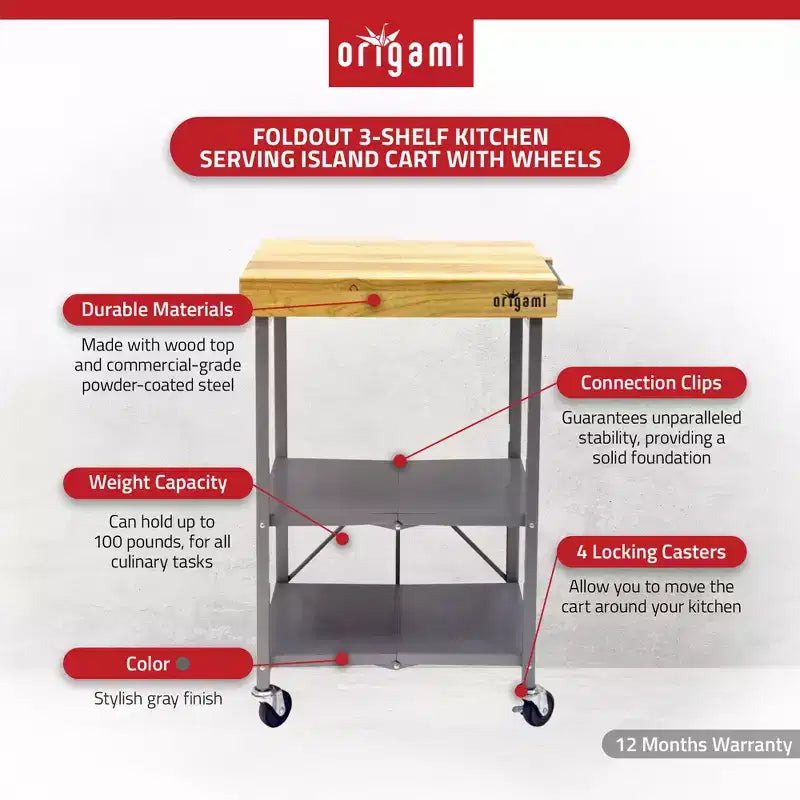Foldable Kitchen Island Cart, Wheeled Rolling Storage Cart with 2 Shelves, Portable Prep Table for Kitchen, Dining Rooms, and Patios