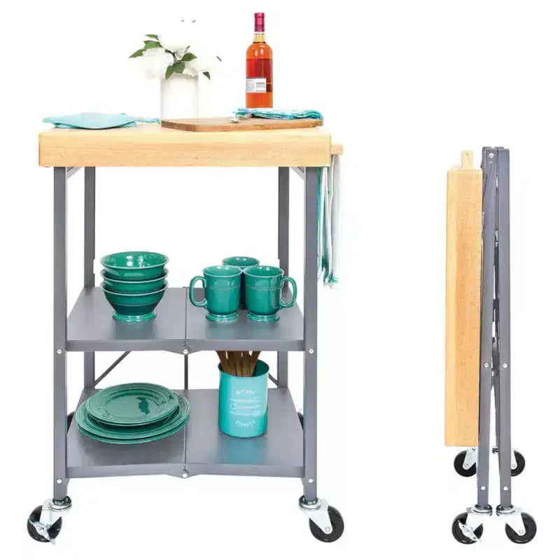 Foldable Kitchen Island Cart, Wheeled Rolling Storage Cart with 2 Shelves, Portable Prep Table for Kitchen, Dining Rooms, and Patios