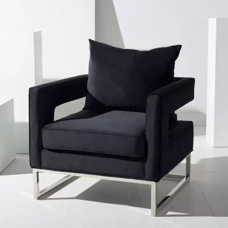 Upholstered Club Chair, Black & Chrome Cotton Accent Chair for Living Room or Bedroom