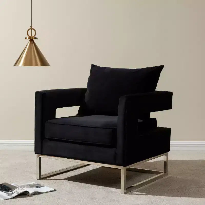 Upholstered Club Chair, Black & Chrome Cotton Accent Chair for Living Room or Bedroom