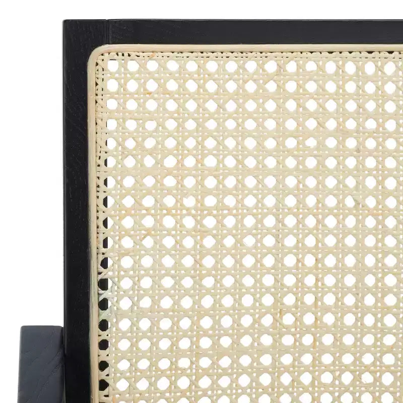 Rattan Accent Chair, Black & Natural Linen Upholstered Ash Wood Chair
