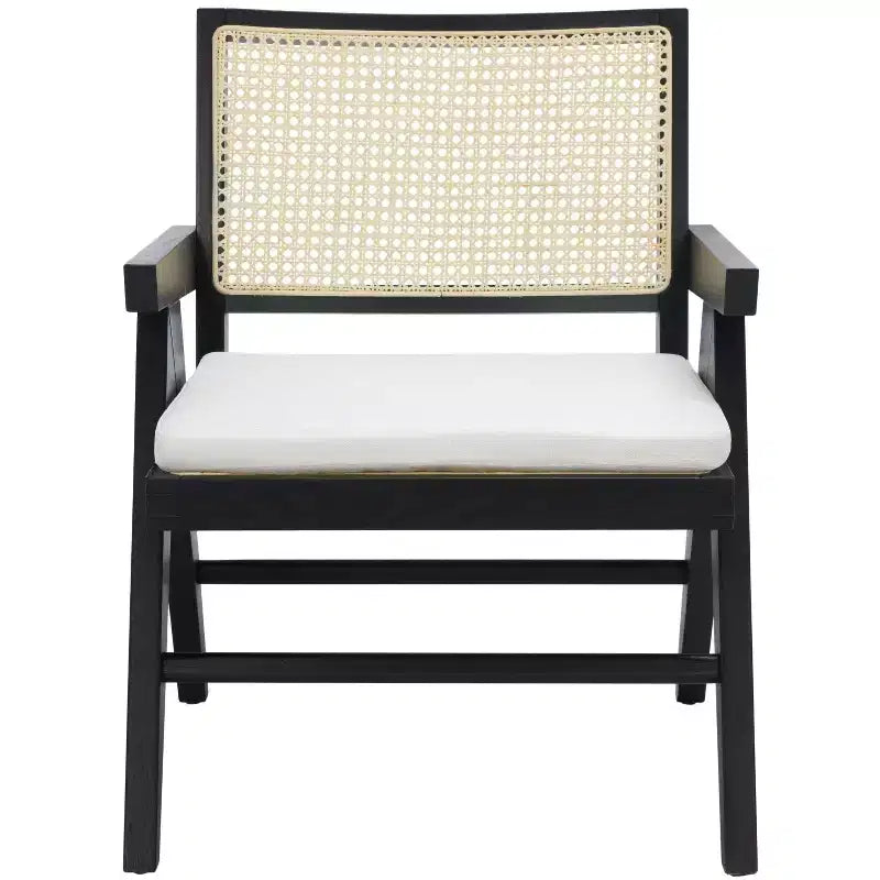 Rattan Accent Chair, Black & Natural Linen Upholstered Ash Wood Chair