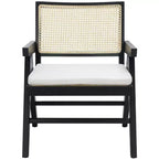 Rattan Accent Chair, Black & Natural Linen Upholstered Ash Wood Chair