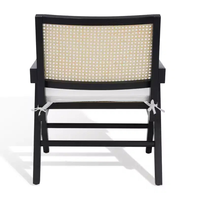 Rattan Accent Chair, Black & Natural Linen Upholstered Ash Wood Chair