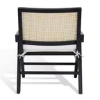 Rattan Accent Chair, Black & Natural Linen Upholstered Ash Wood Chair