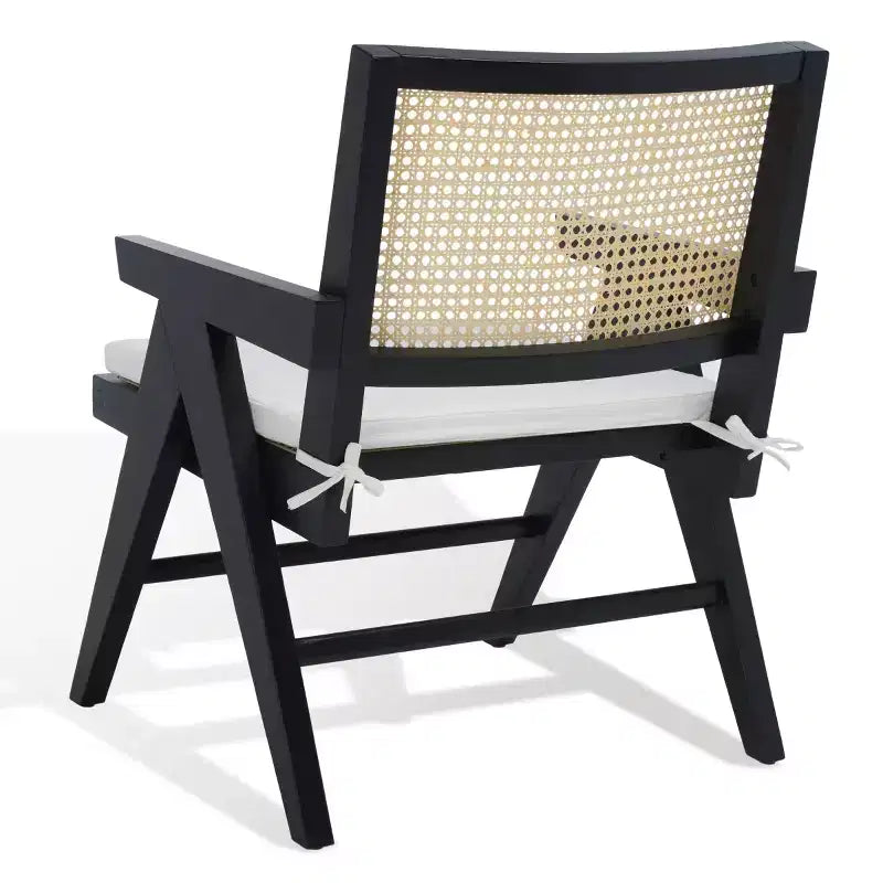 Rattan Accent Chair, Black & Natural Linen Upholstered Ash Wood Chair