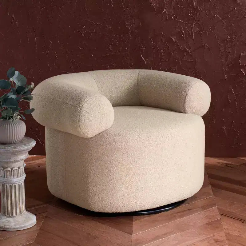 Swivel Accent Chair in Sand, Faux Lambswool Polyester Upholstered Chair with Pine Wood Frame