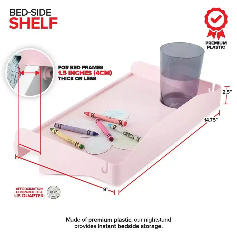 Bedside Shelf with Cord Slot and Cup Holder, Clip-On Bed Frame Tray, Pink, No Tools Required