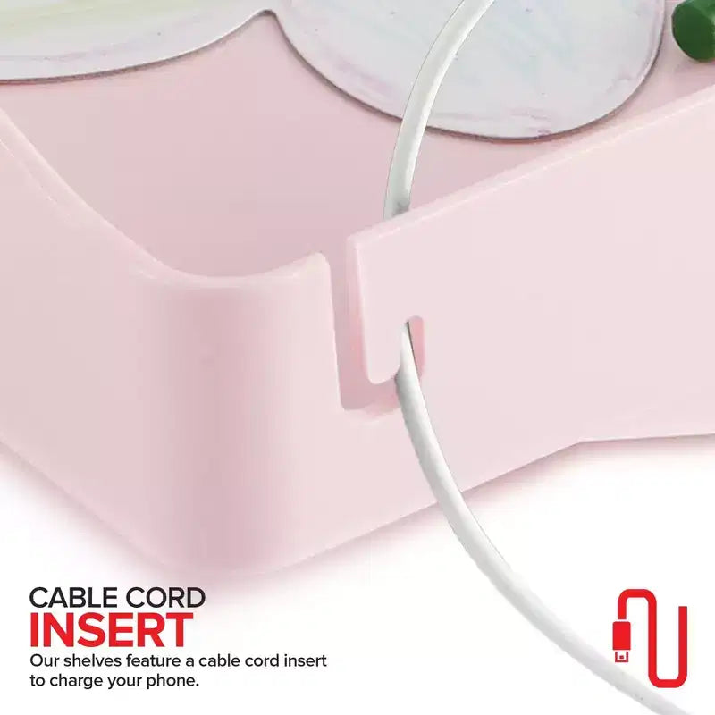 Bedside Shelf with Cord Slot and Cup Holder, Clip-On Bed Frame Tray, Pink, No Tools Required