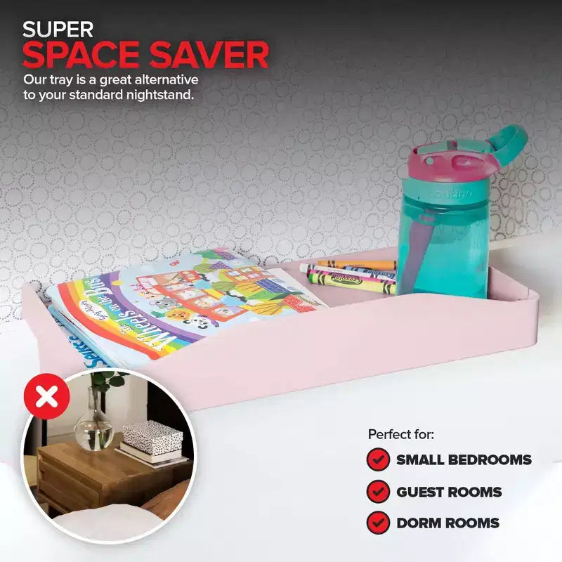 Bedside Shelf with Cord Slot and Cup Holder, Clip-On Bed Frame Tray, Pink, No Tools Required